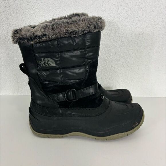 The North Face Shoes - The North Face Black Puffer with Grey Fur Lined Mid Calf Winter Snow Boots